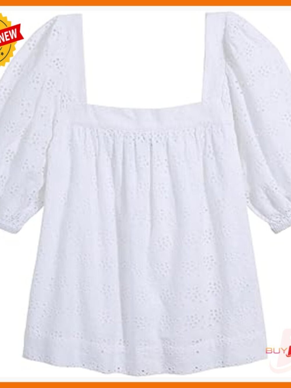 Eyelet Square Neck Top Puff Sleeves A-Line Cotton Spring Summer